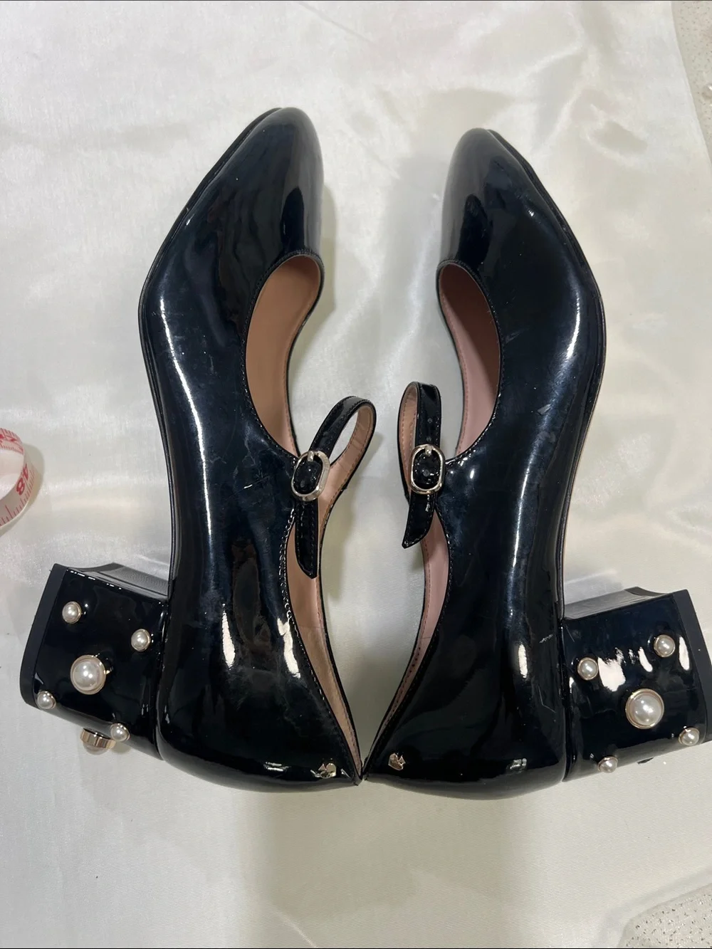 kate spade Black Patent Leather Mary Jane Heeled shoes with Pearl Studs